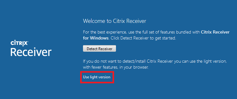 Screenshot of Citrix Receiver Use light version link