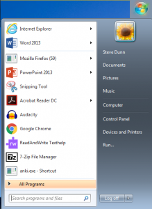 Screenshot showing how to access the default software on the Student or Staff Desktop via Windows the Start menu