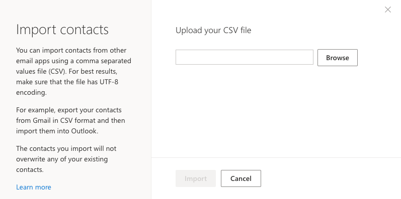 Screenshot of import contacts into StudentMail screen with option to upload your CSV file