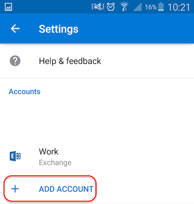 Screenshot of adding an account in Android Outlook