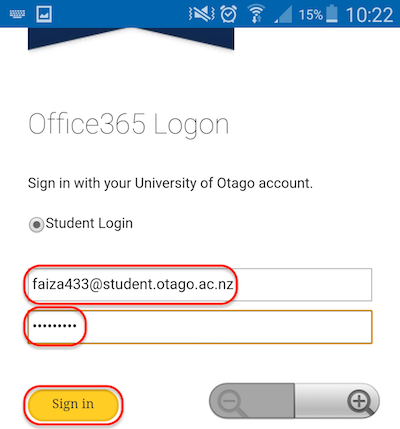 Screenshot of logging in to Android Outlook