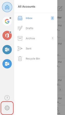 Screenshot showing location of Settings in the Outlook app
