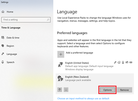 Screenshot of Windows 10 preferred language selected showing options button