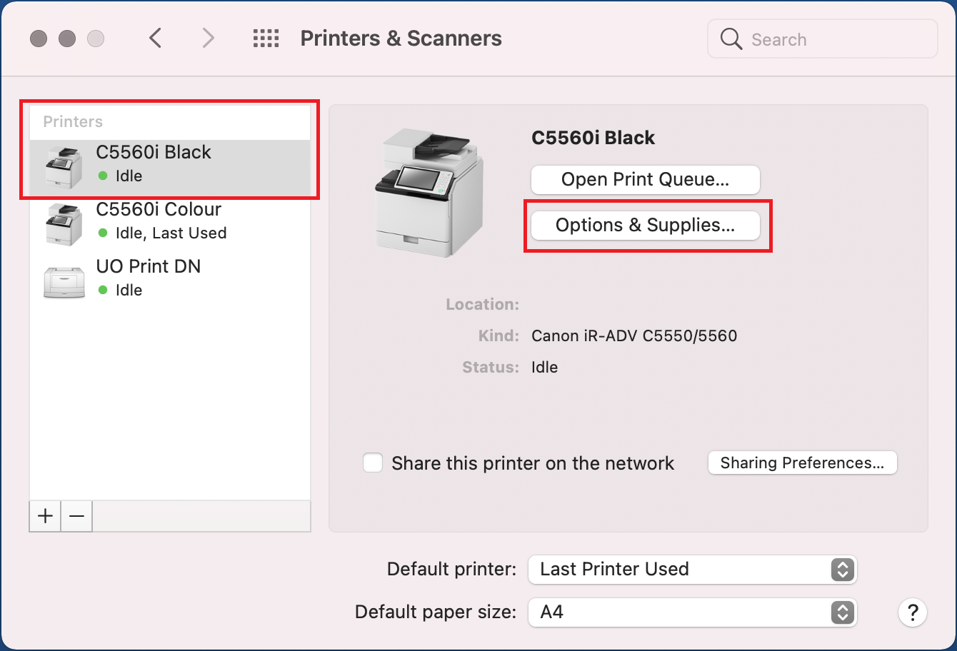 Screenshot of printers and scanners dialogue box with printer queue selected and showing location of options and supplies button
