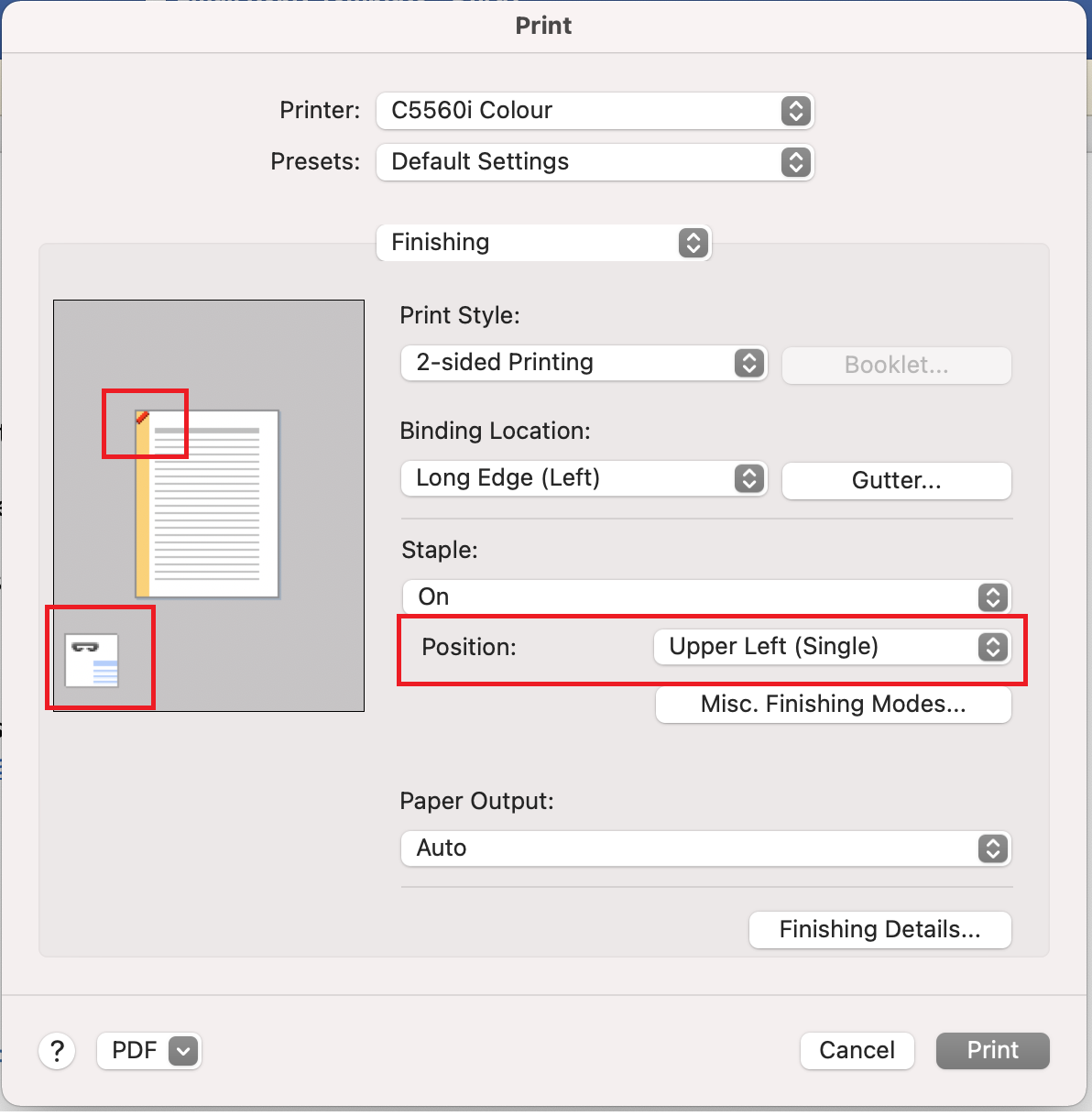 Screenshot of print dialogue box showing position drop down menu and preview of where document will be stapled