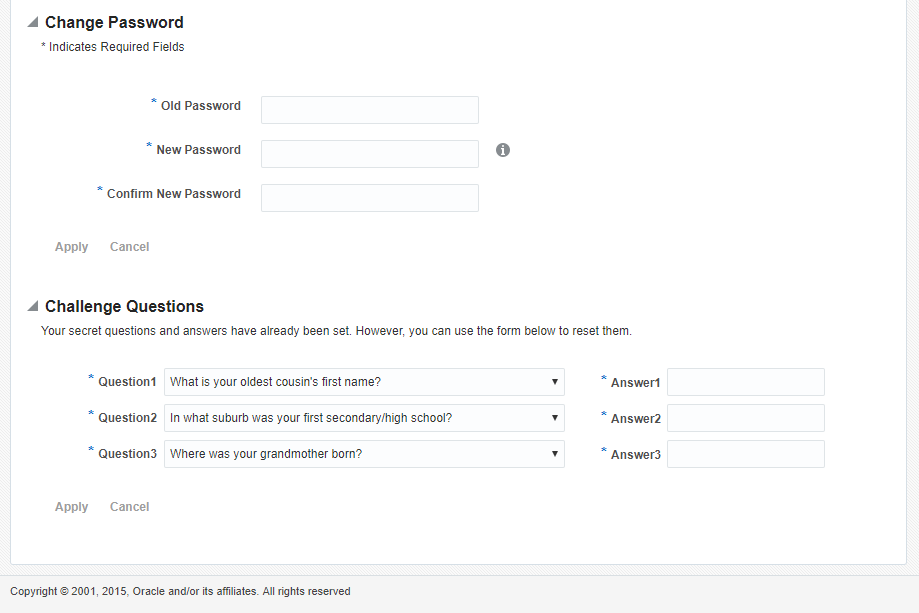 Screenshot of Password Challenge questions