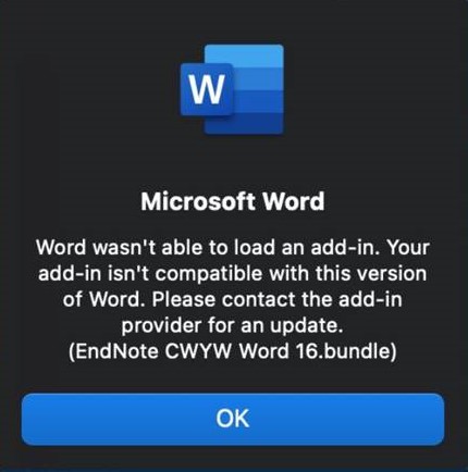 Screenshot of MS Word add-in error