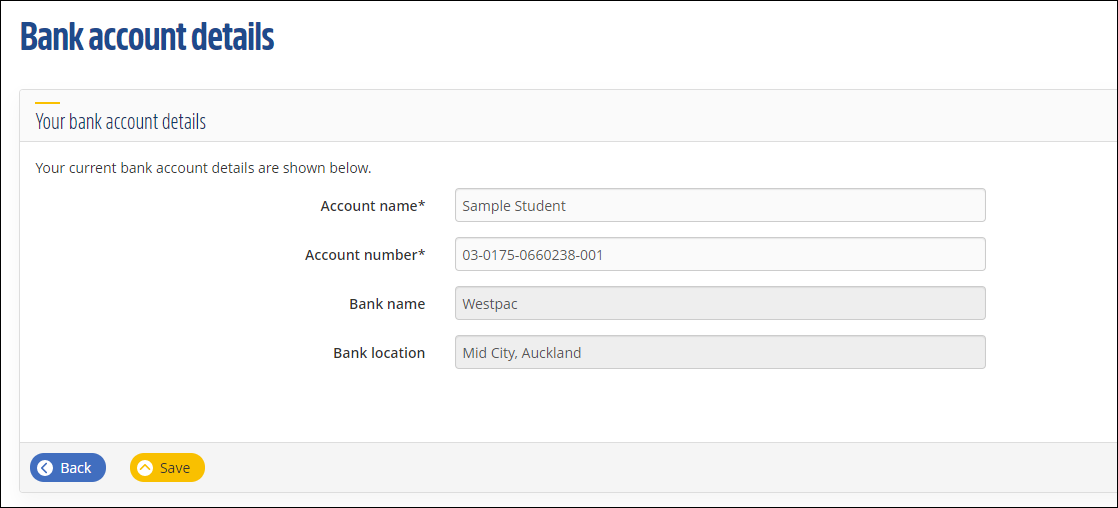 Bank account details screen in eVision showing current bank account details. 