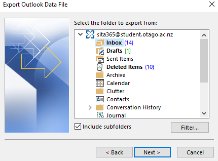 Screenshot showing select the folder To export from screen