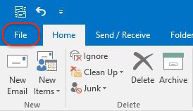 Screenshot showing finding the File menu in Outlook for Windows