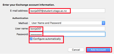 Screenshot showing entering the Exchange account information
