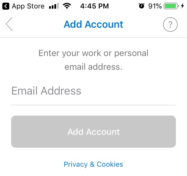 Screenshot of Add Account screen asking you to enter an email address