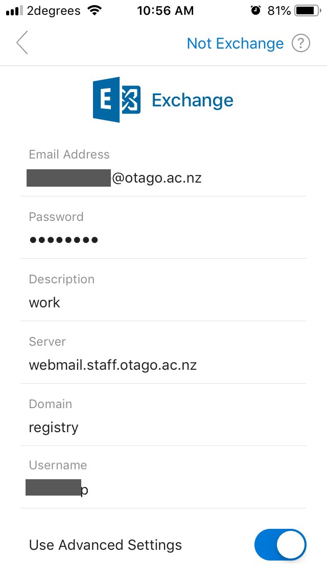 Screenshot showing fields email address, password, description, server, domain, username and slider to Use Advanced Settings turned on