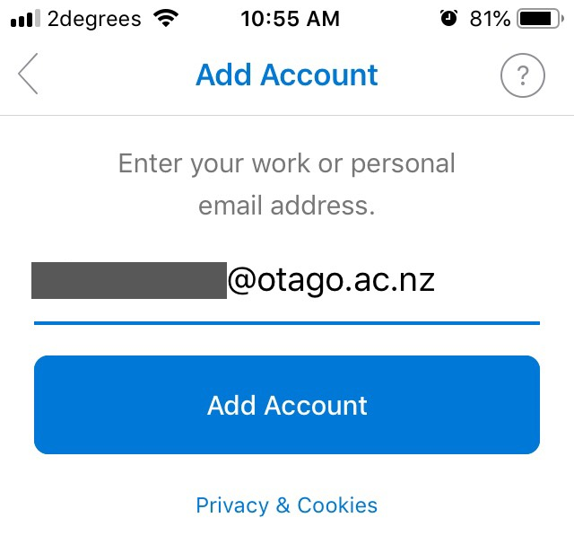 Screenshot of Add Account screen with email address entered