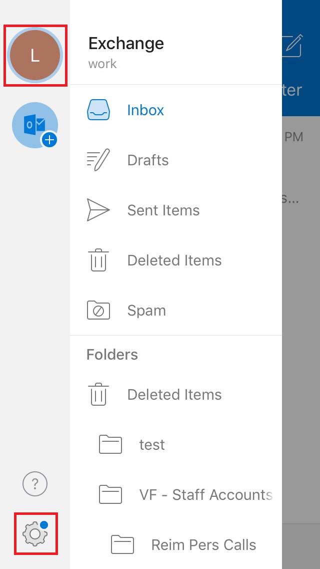 Screenshot showing location of profile icon in Outlook