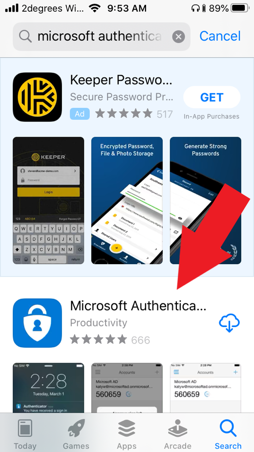 Screenshot showing Microsoft Authenticator in the App store