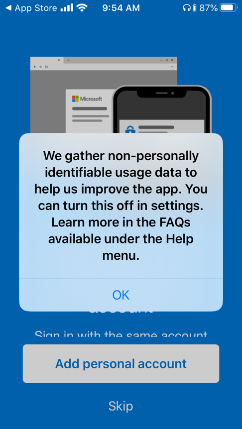 Screenshot of allow data gathering screen during set up of Microsoft Authenticator