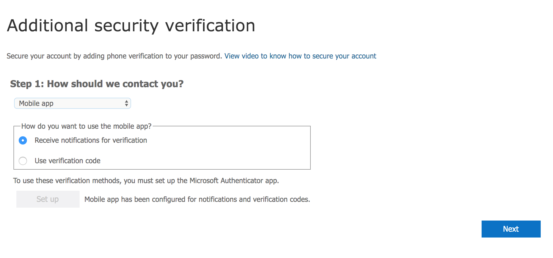 Screenshot of additional security verification in Microsoft 365 - moving on with setup