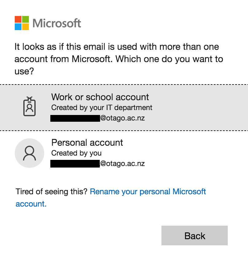 Screenshot showing choice of accounts to use with Microsoft 365