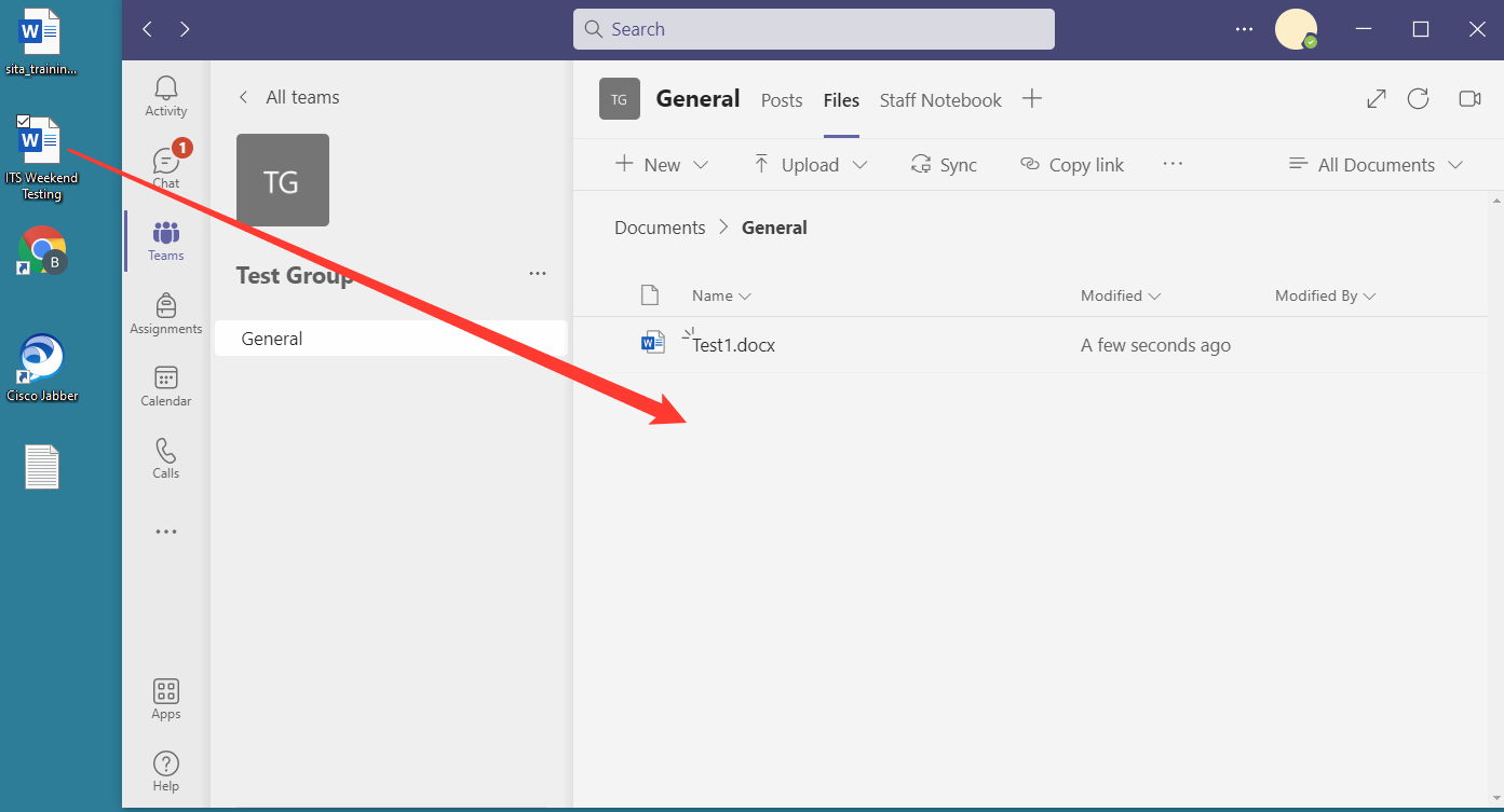 Screenshot showing dragging and dropping a file into the Files area in Microsoft Teams