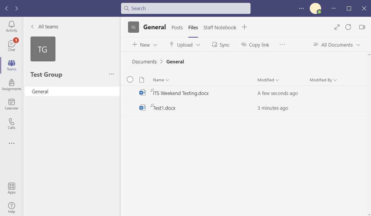 Screenshot showing dragged and dropped file uploaded into the Files area in Microsoft Teams