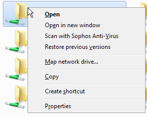Menu options when right-clicking on a file share