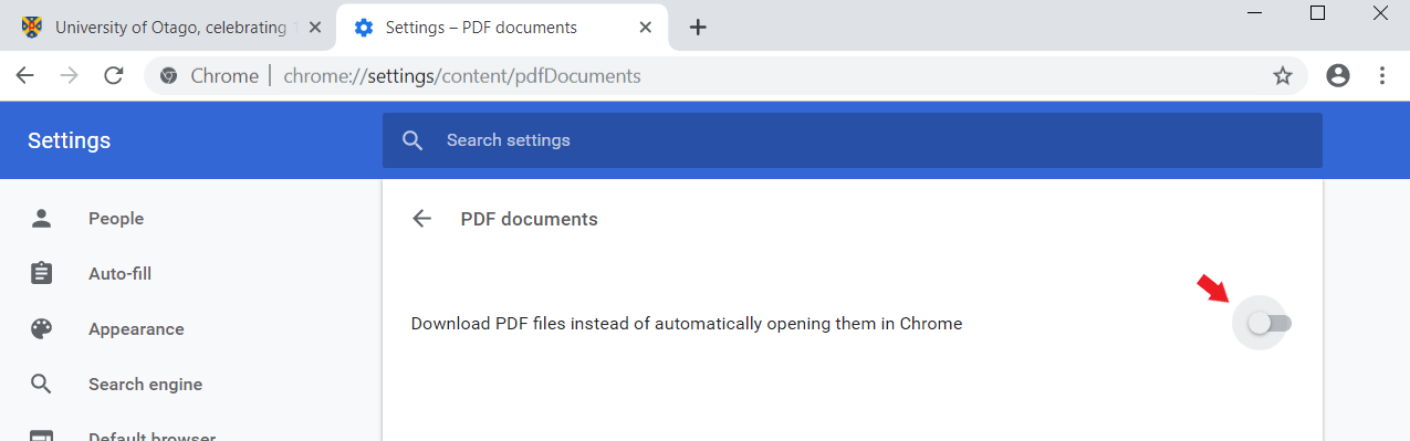 Screenshot showing setting to download PDF files in Chrome set to Off