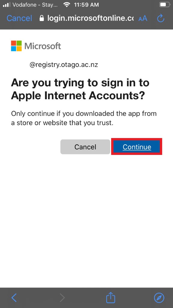 Screenshot of signing in to Apple Internet Accounts prompt