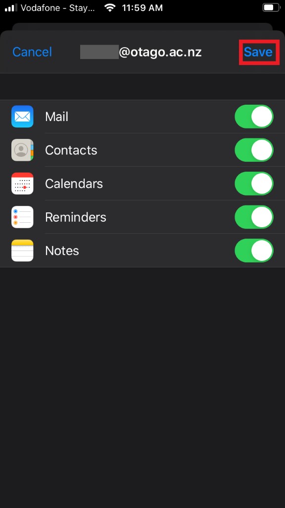 Screenshot showing option for Mail synchronisation
