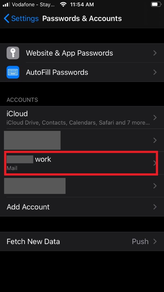 Screenshot of work email account in iOS Mail under Passwords and Accounts in Settings