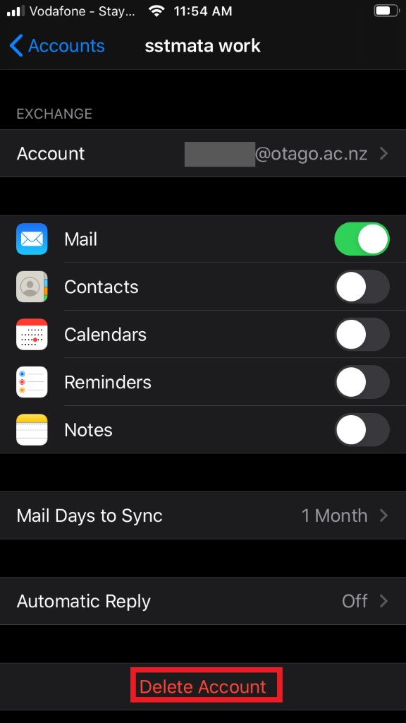 Screenshot showing deleting existing work email in iOS Mail in Settings