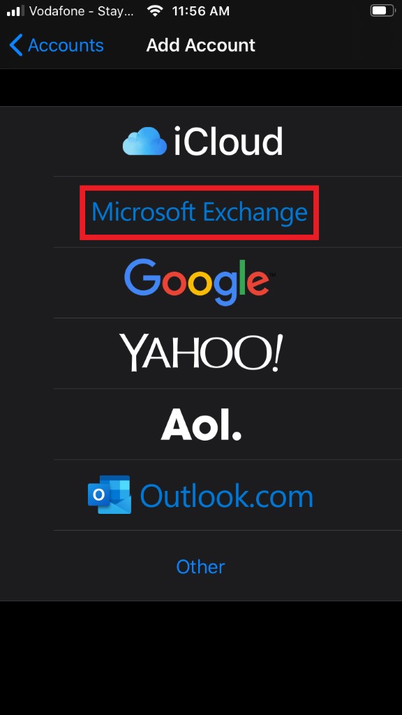 Screenshot of re-adding account in iOS Mail by selecting Microsoft Exchange in Settings