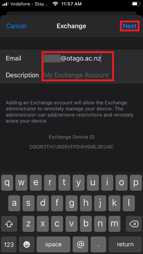 Screenshot of entering email address for iOS Mail setup