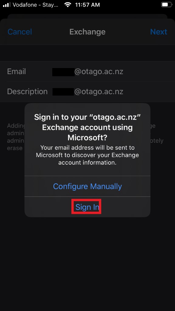 Screenshot of signing in to iOS Mail to load work email account