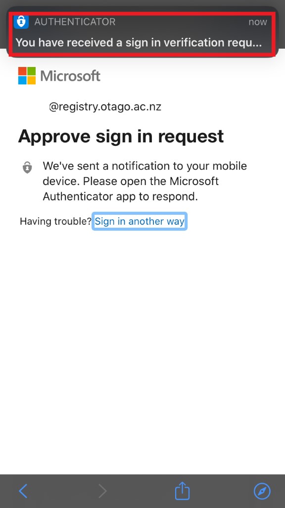 Screenshot advising that signin request has been sent to Authenticator