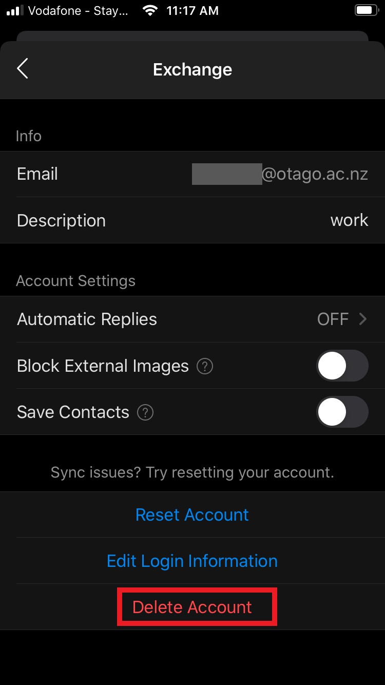 Screenshot of deleting account in Outlook