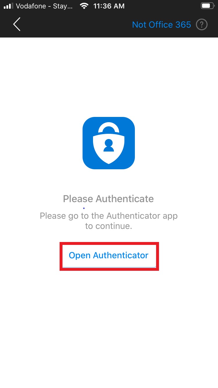 Screenshot of opening Authenticator app from Outlook