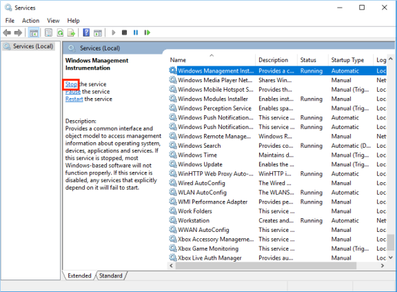 Screenshot of Stopping the Windows Management Instrumentation service
