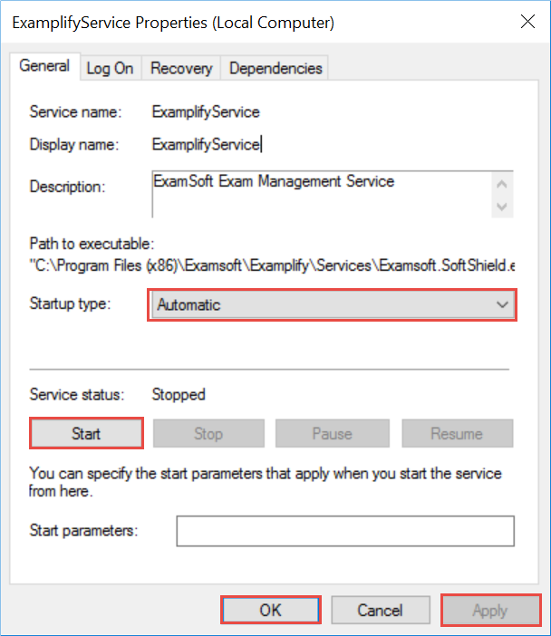 Screenshot of ExamplifyService settings