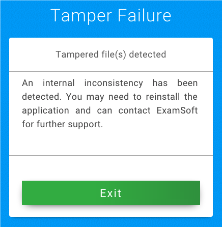 Screenshot of Tamper Failure error warning in Examplify