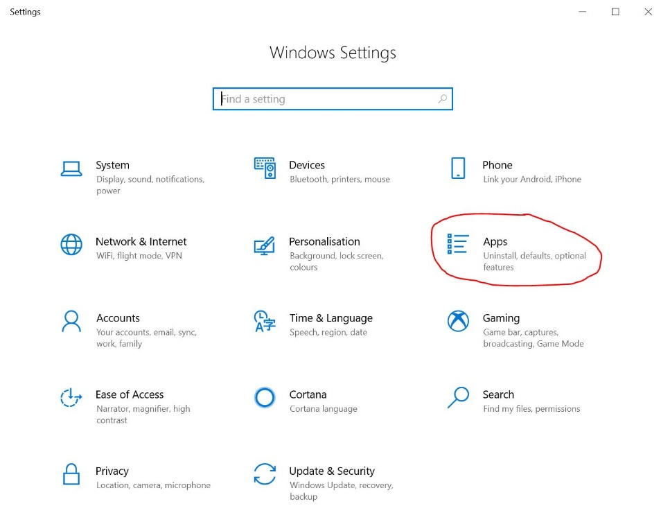 Screenshot showing finding Settings in Windows 10
