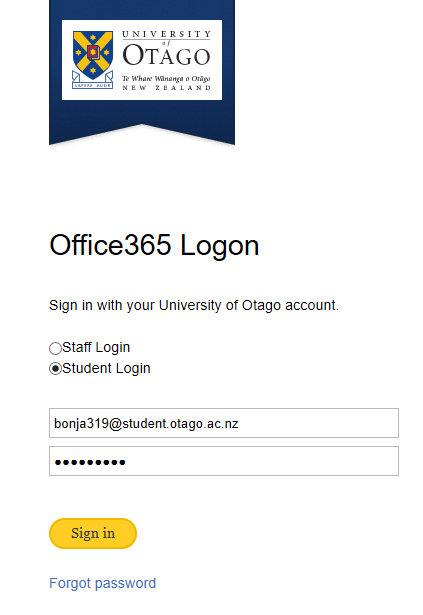 Screenshot of University sign in page
