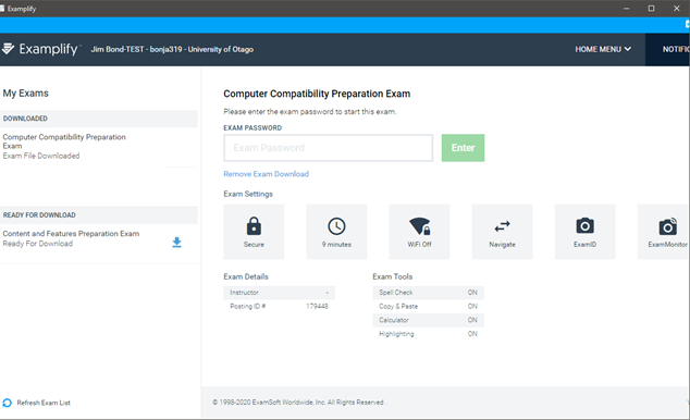 Examplify homepage showing downloaded preparation exam