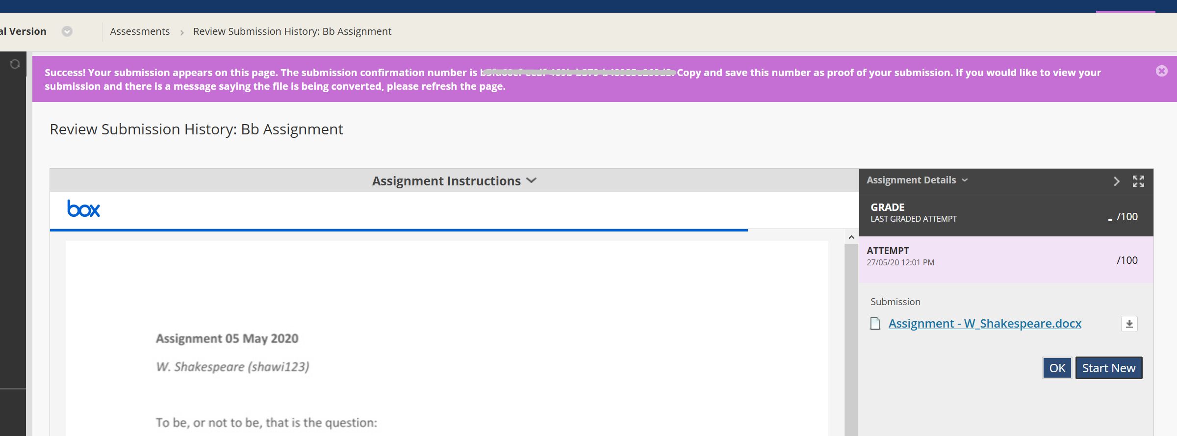 A screenshot showing successful assignment submission in Blackboard. 