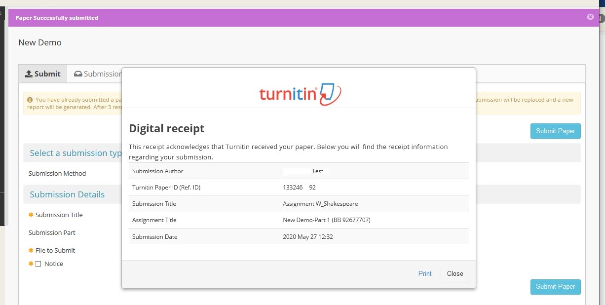 A screenshot of the Turnitin submission confirmation screen showing paper successfully submitted. 