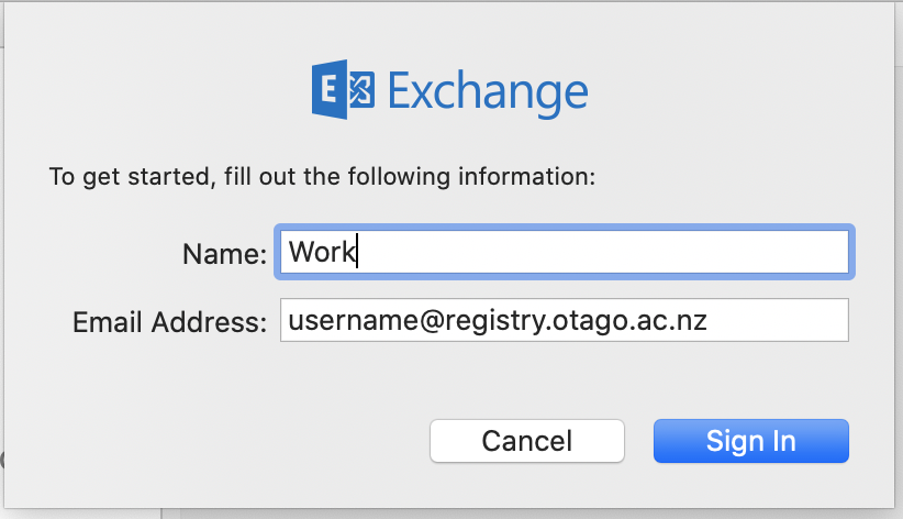 Screenshot of email address to use to set up Mail for macOS