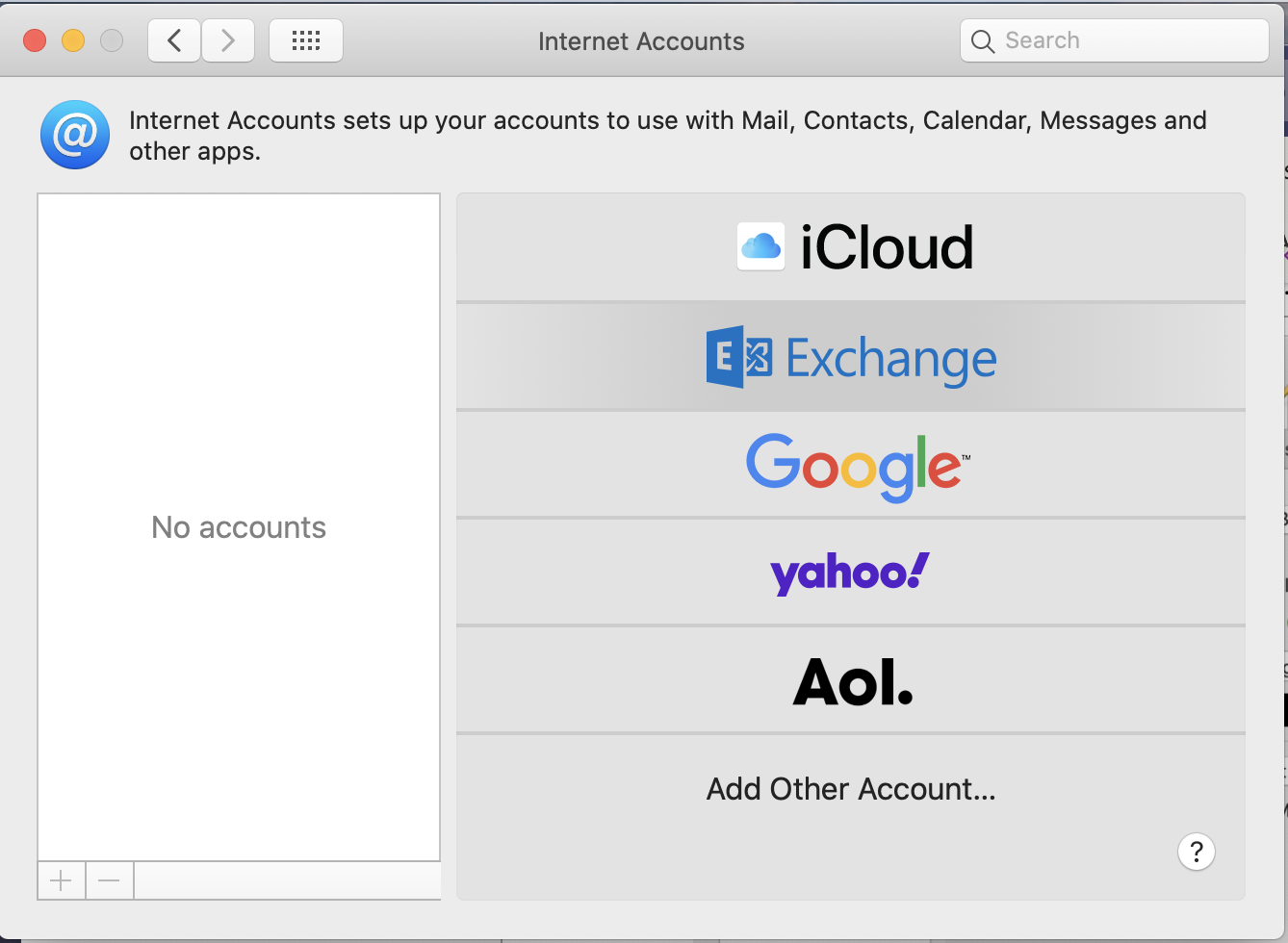 Screenshot showing the Exchange option in Mail for macOS