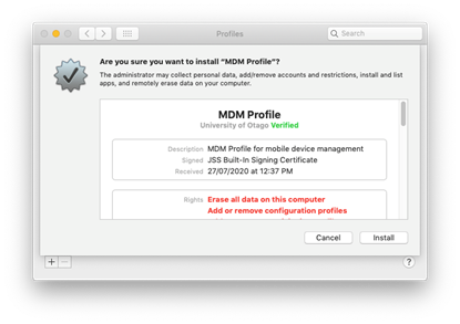 Screenshot of warning before installing MDM Profile for Jamf