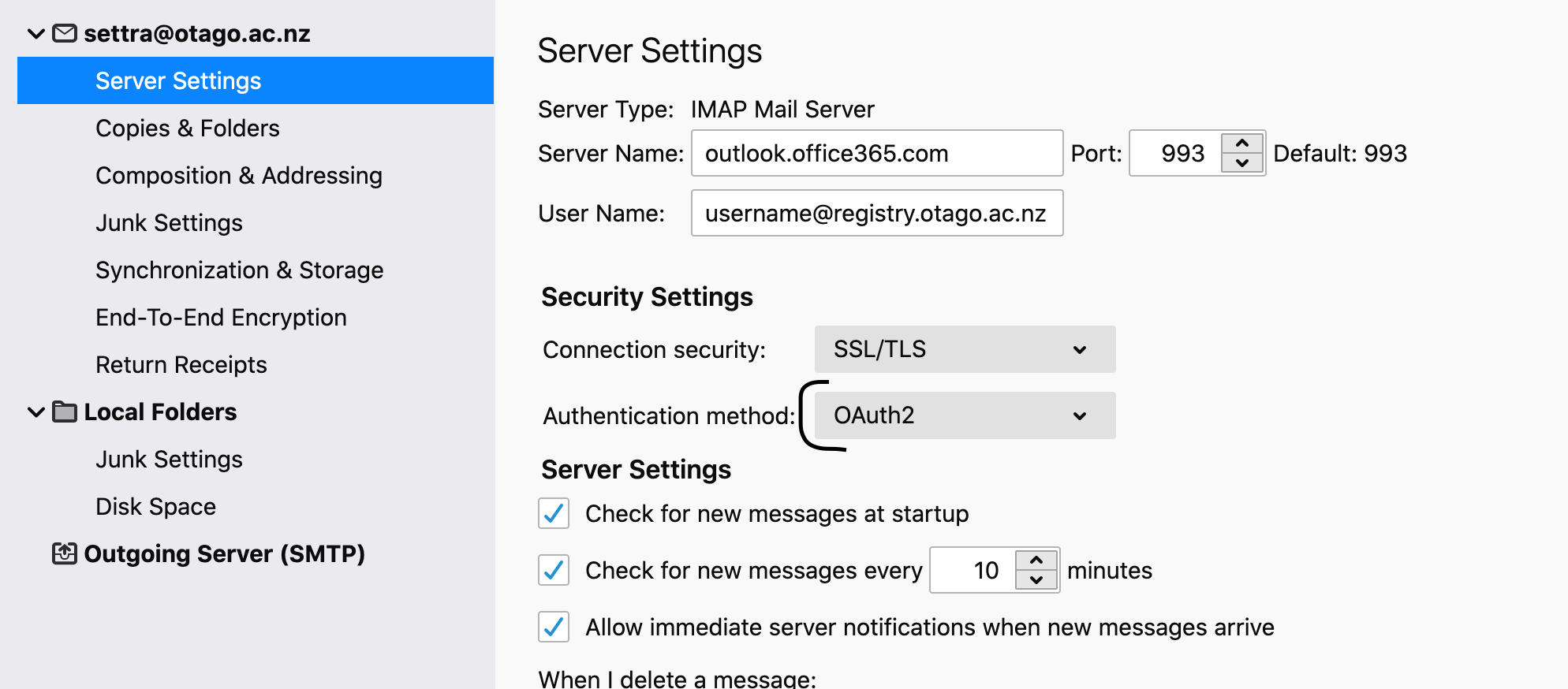 screenshot of step 7 Server Settings tab in Thunderbird