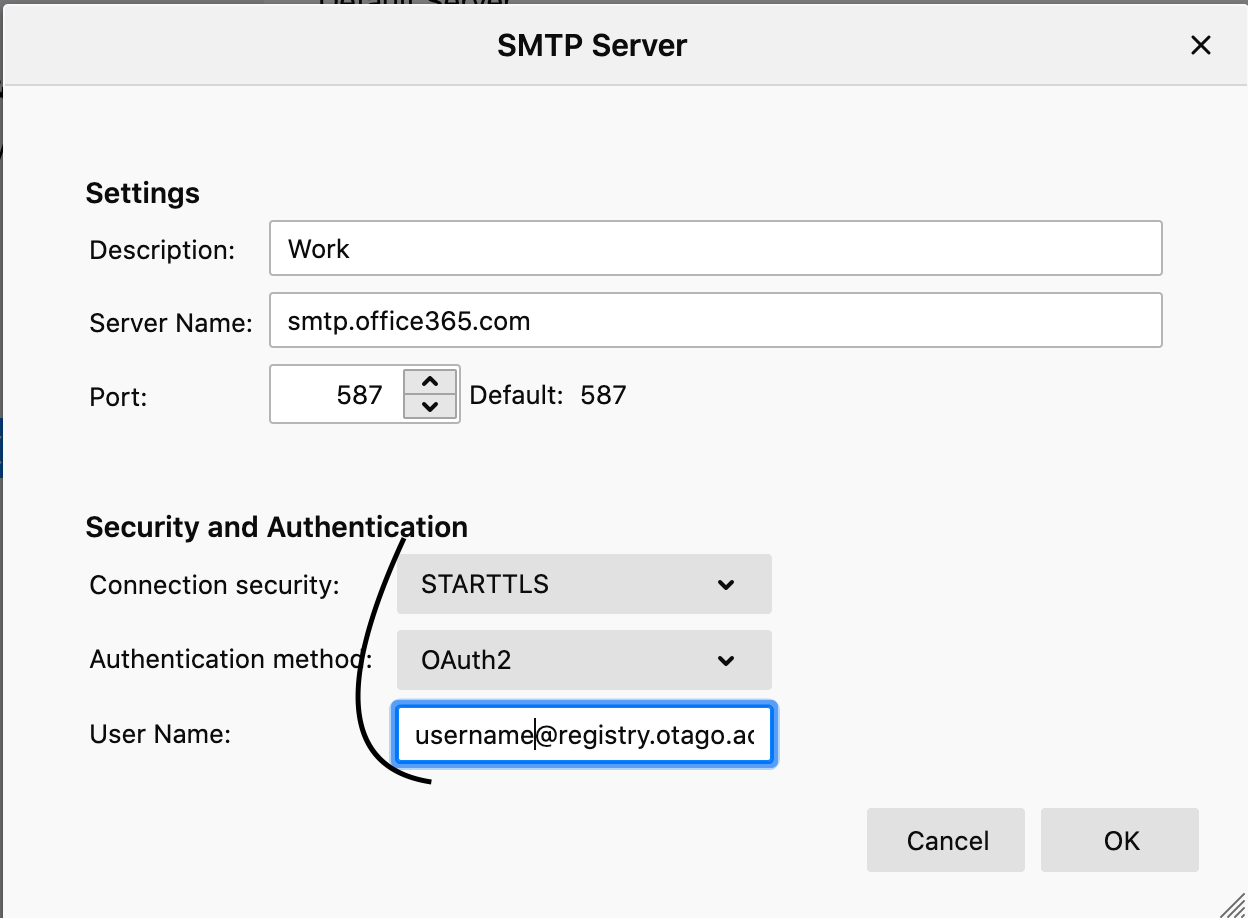 screenshot of step 9 SMTP Server edit window in Thunderbird